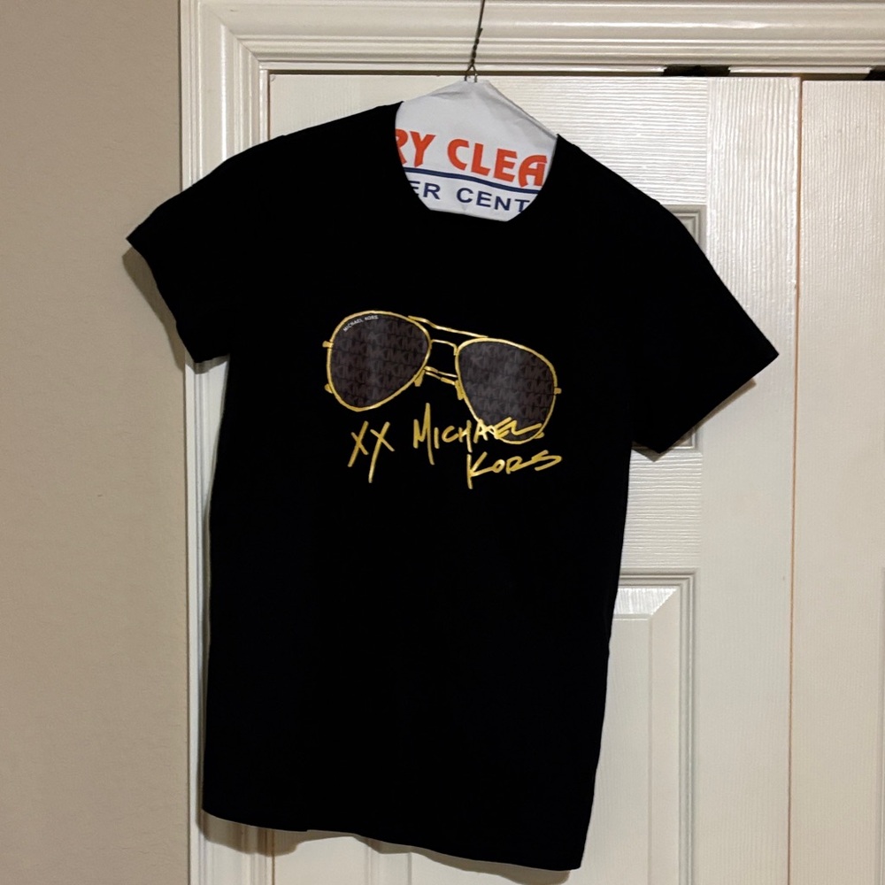 Michael Kors Black Tee with Gold Sunglasses Design